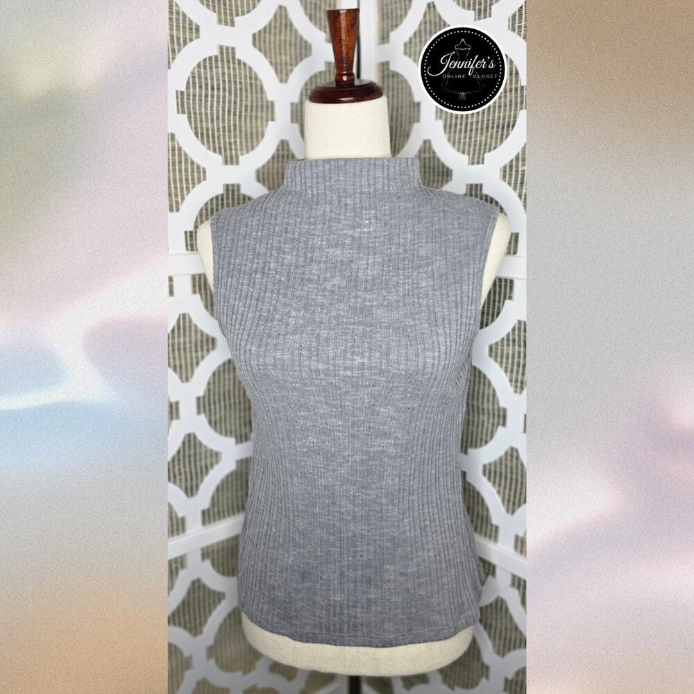 Vince Camuto Women's Gray Mock Neck Ribbed Sleeveless Top Size Small
